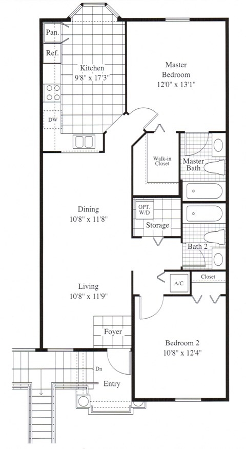 Floor plan for 2 beds, 2 baths, 1034 sqft